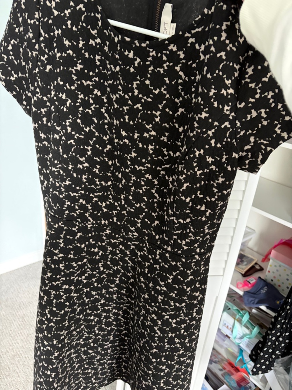 LOFT Black and Cream Midi Dress with Scattered Print
